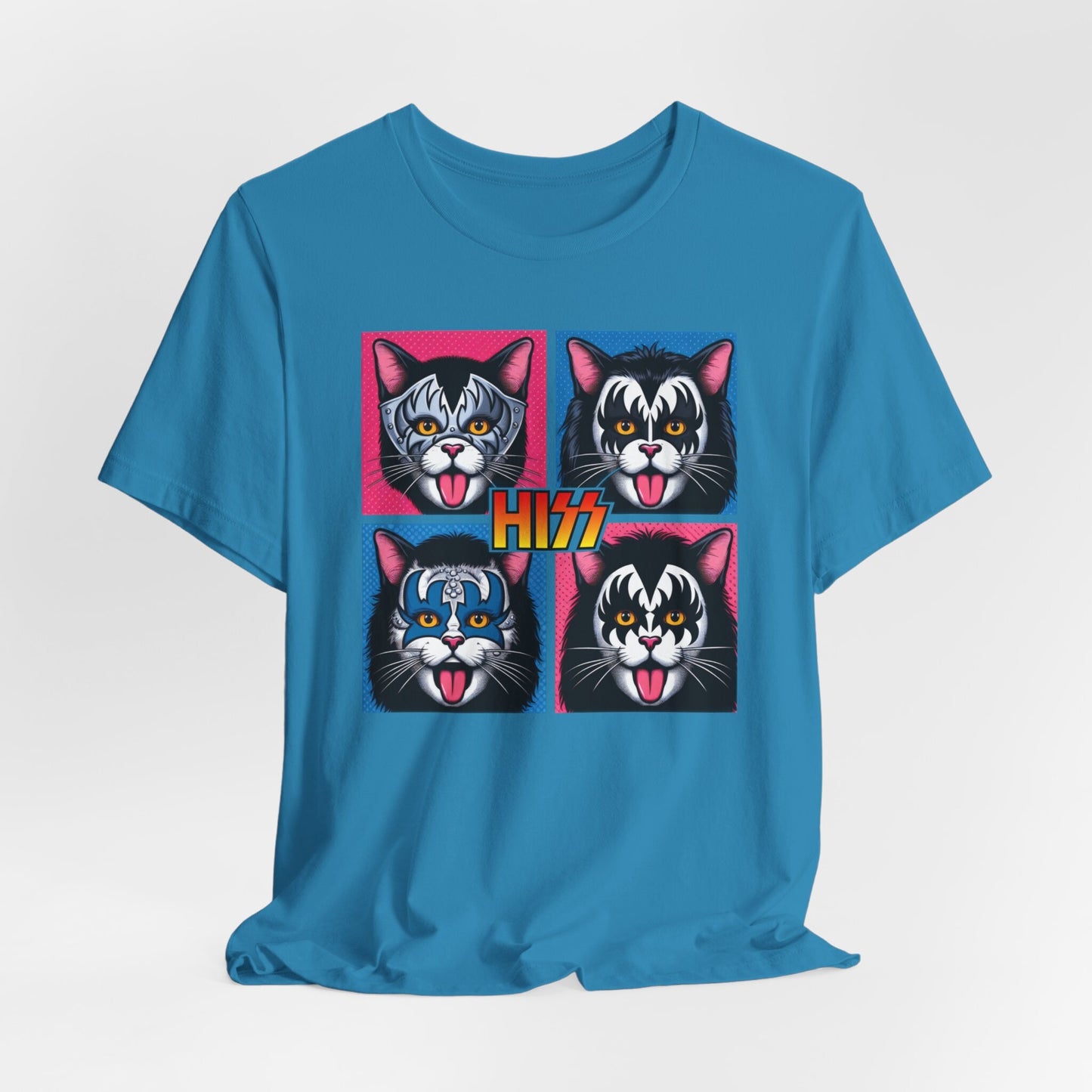 T-shirt parodique de baiser drôle, T-shirt de style pop art Hiss Rocker Kittens, T-shirt de chats rocker, T-shirt de chat humoristique, T-shirt cadeau pour les amoureux des chats