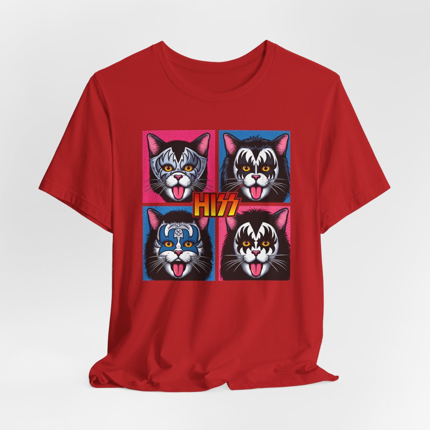 Funny Kiss Parody T-Shirt, Pop Art Style Hiss Rocker Kittens T-Shirt, Rocker Cats Shirt, Humour Cat Tee Shirt, Gift T Shirt for Cat Lovers