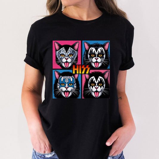 T-shirt parodique de baiser drôle, T-shirt de style pop art Hiss Rocker Kittens, T-shirt de chats rocker, T-shirt de chat humoristique, T-shirt cadeau pour les amoureux des chats