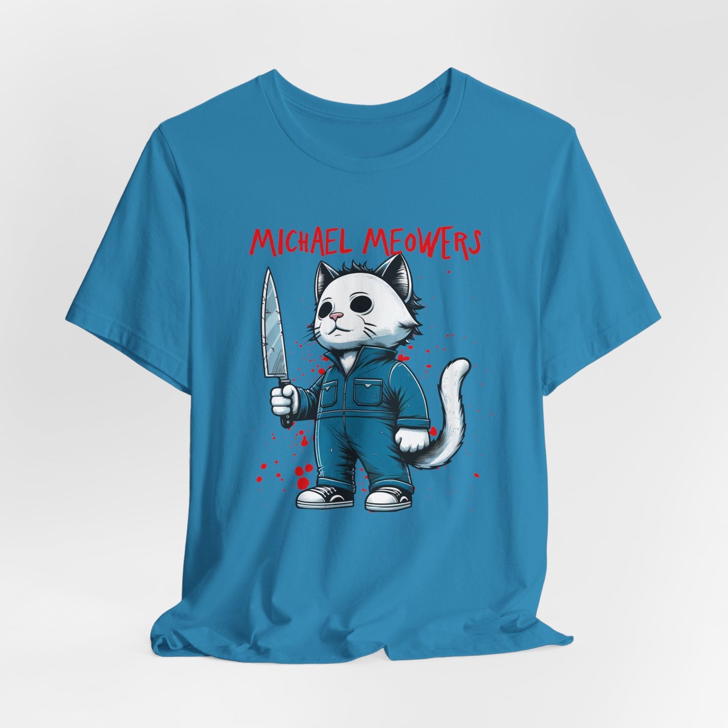 T-shirt Michael Meowers Cat, T-shirt parodique de film d'horreur, T-shirt d'Halloween, T-shirt drôle de chat, T-shirt cadeau pour amoureux des chats, T-shirt de chat effrayant