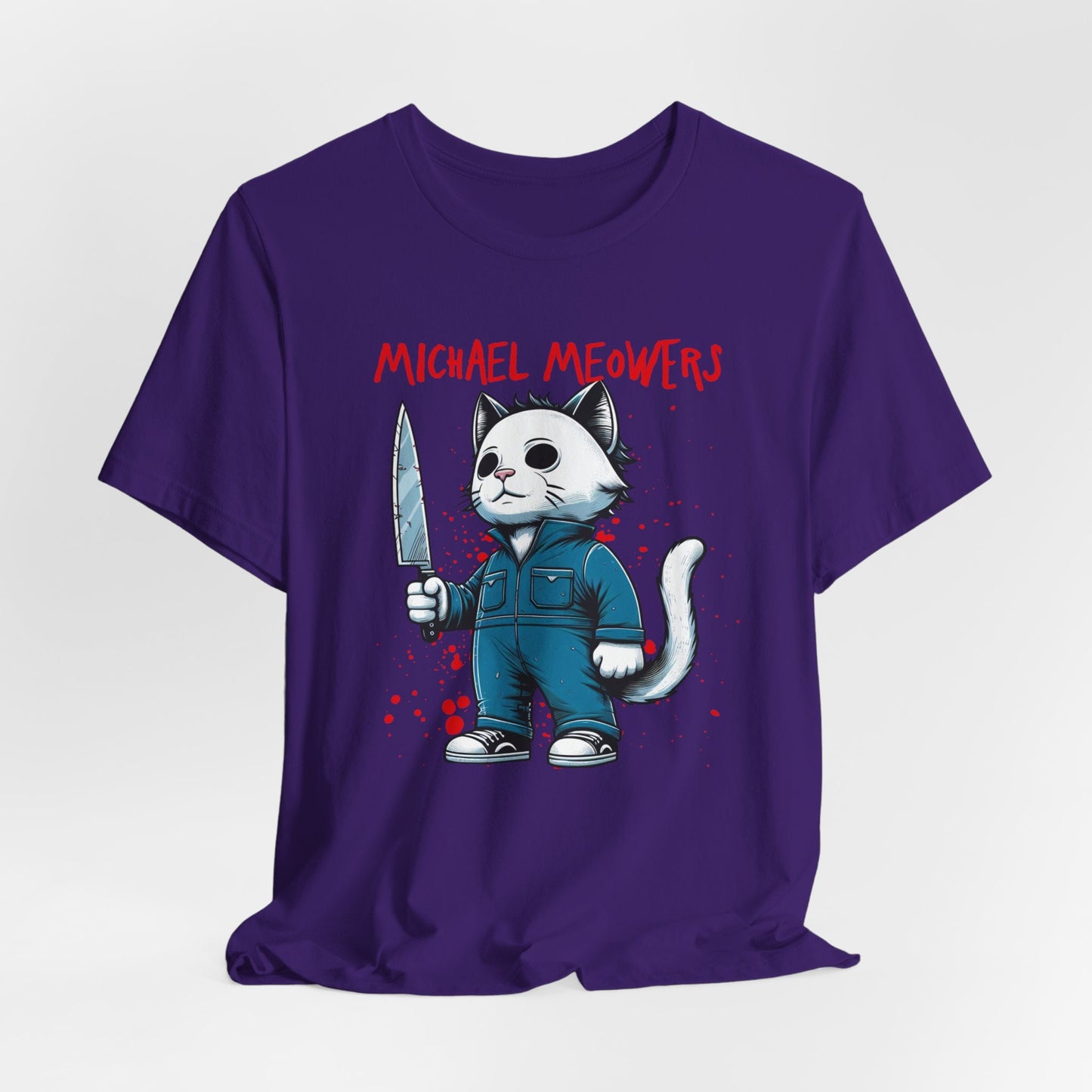 T-shirt Michael Meowers Cat, T-shirt parodique de film d'horreur, T-shirt d'Halloween, T-shirt drôle de chat, T-shirt cadeau pour amoureux des chats, T-shirt de chat effrayant