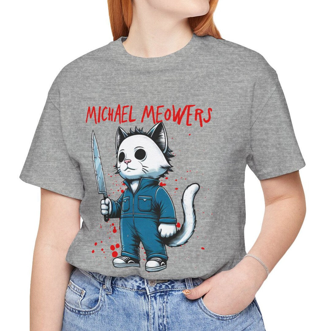 T-shirt Michael Meowers Cat, T-shirt parodique de film d'horreur, T-shirt d'Halloween, T-shirt drôle de chat, T-shirt cadeau pour amoureux des chats, T-shirt de chat effrayant