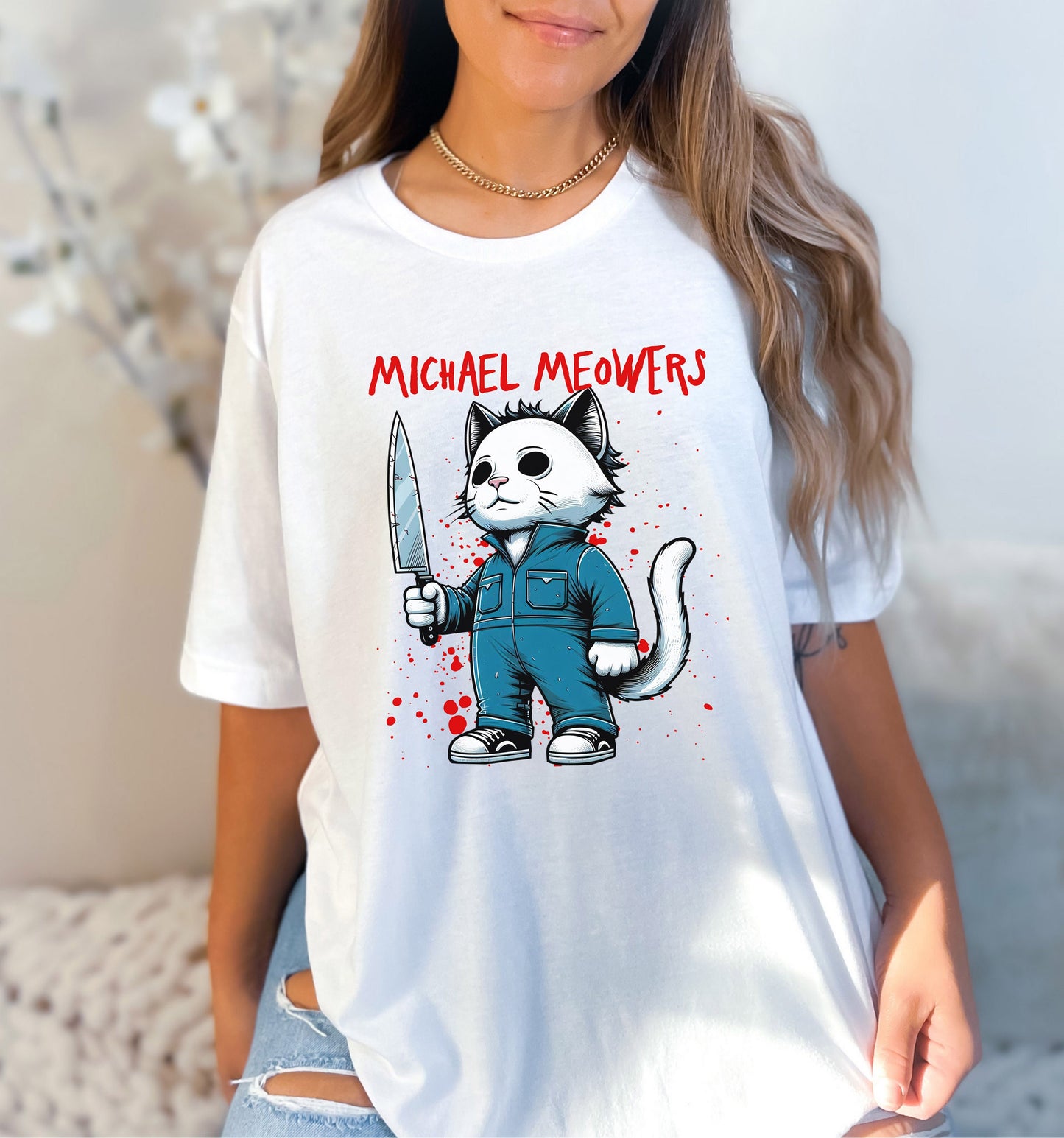 T-shirt Michael Meowers Cat, T-shirt parodique de film d'horreur, T-shirt d'Halloween, T-shirt drôle de chat, T-shirt cadeau pour amoureux des chats, T-shirt de chat effrayant