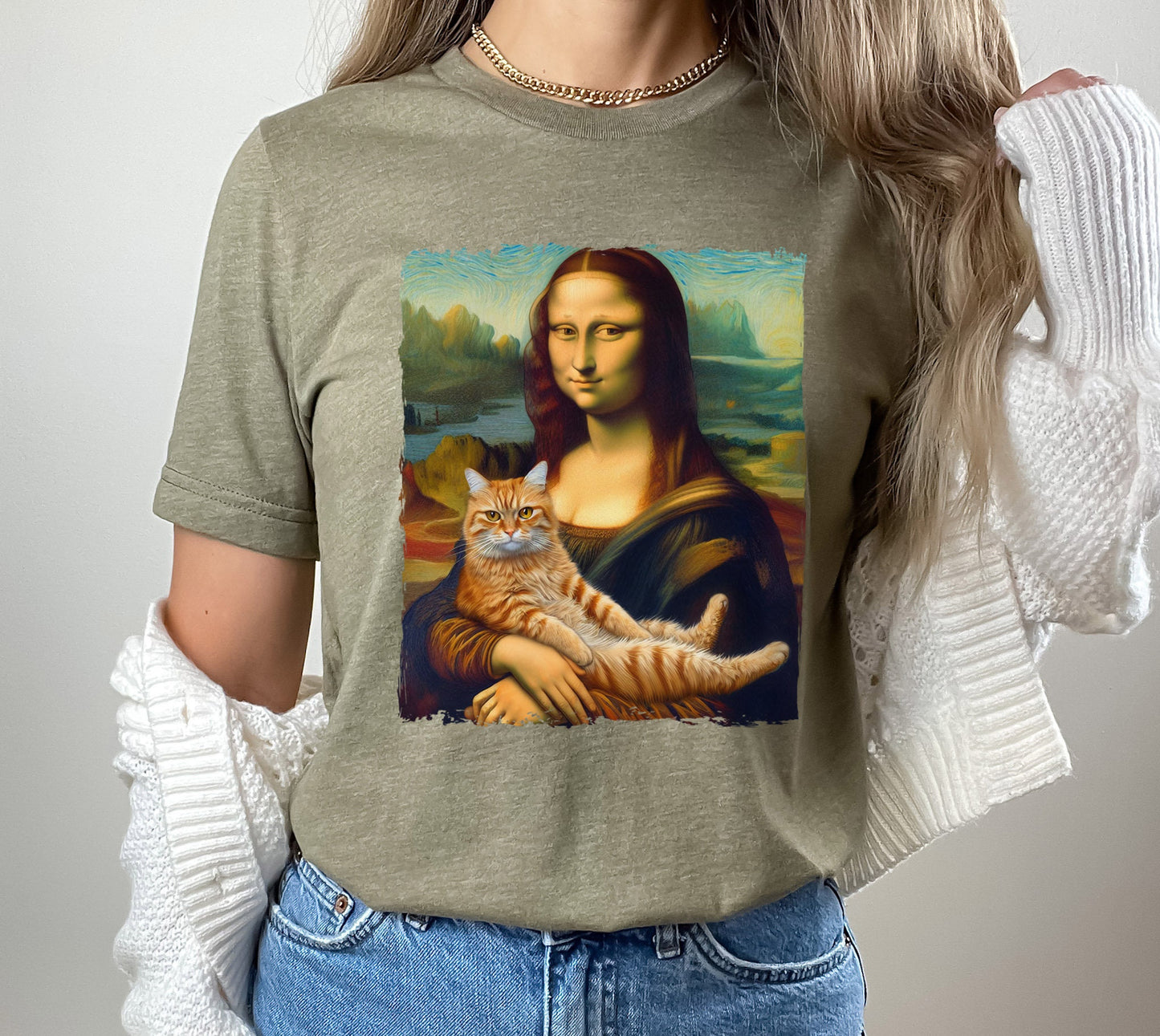 T-shirt Mona Lisa avec chat, T-shirt chat sur les mains de Lisa, T-shirt parodique Mona Lisa, T-shirt Da Vinci peignant avec chat, T-shirt cadeau pour professeur d'art