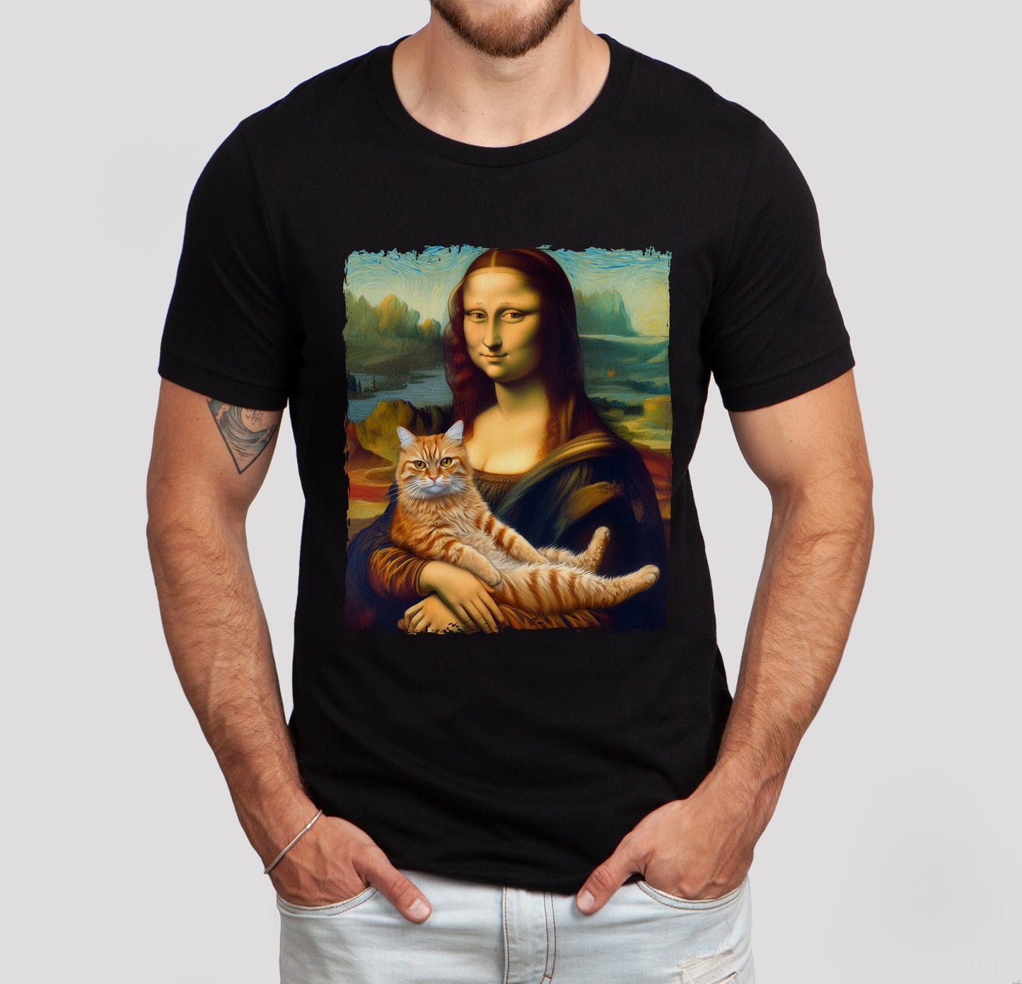 T-shirt Mona Lisa avec chat, T-shirt chat sur les mains de Lisa, T-shirt parodique Mona Lisa, T-shirt Da Vinci peignant avec chat, T-shirt cadeau pour professeur d'art