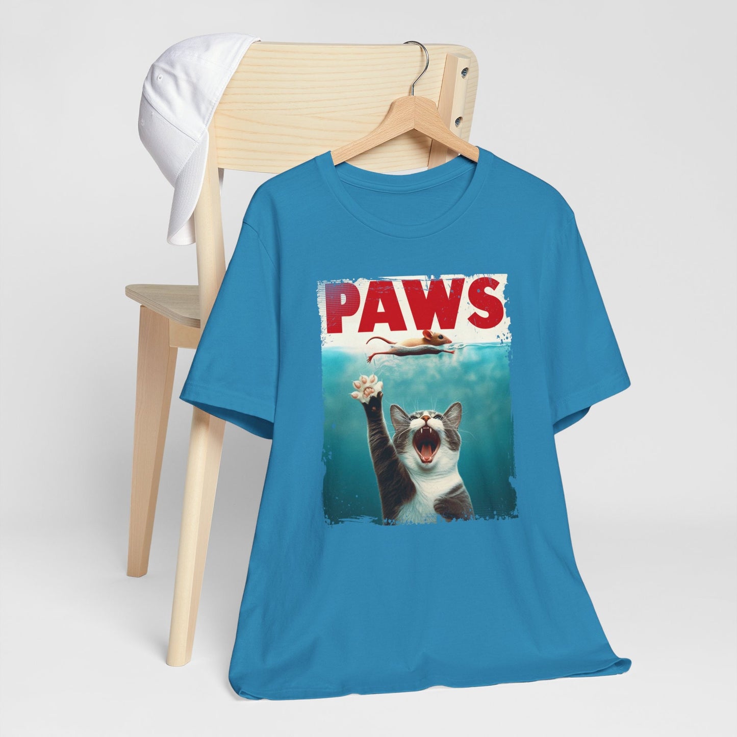 T-shirt drôle de chat avec pattes, t-shirt drôle d'amoureux des chats, t-shirt drôle de parodie du film Jaws, t-shirt cadeau d'amoureux des chats, t-shirt chaton et souris, t-shirt de chat parodique