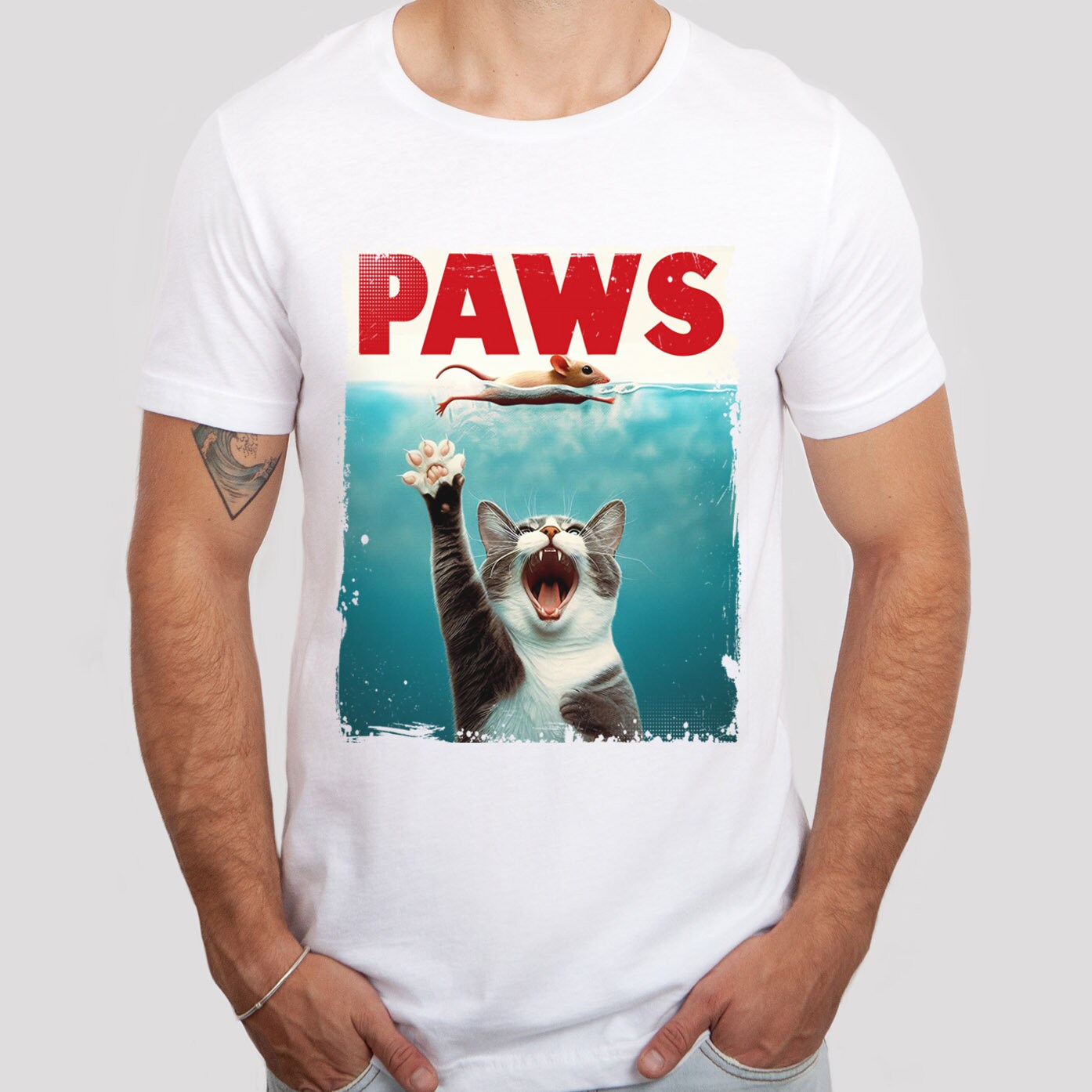 T-shirt drôle de chat avec pattes, t-shirt drôle d'amoureux des chats, t-shirt drôle de parodie du film Jaws, t-shirt cadeau d'amoureux des chats, t-shirt chaton et souris, t-shirt de chat parodique