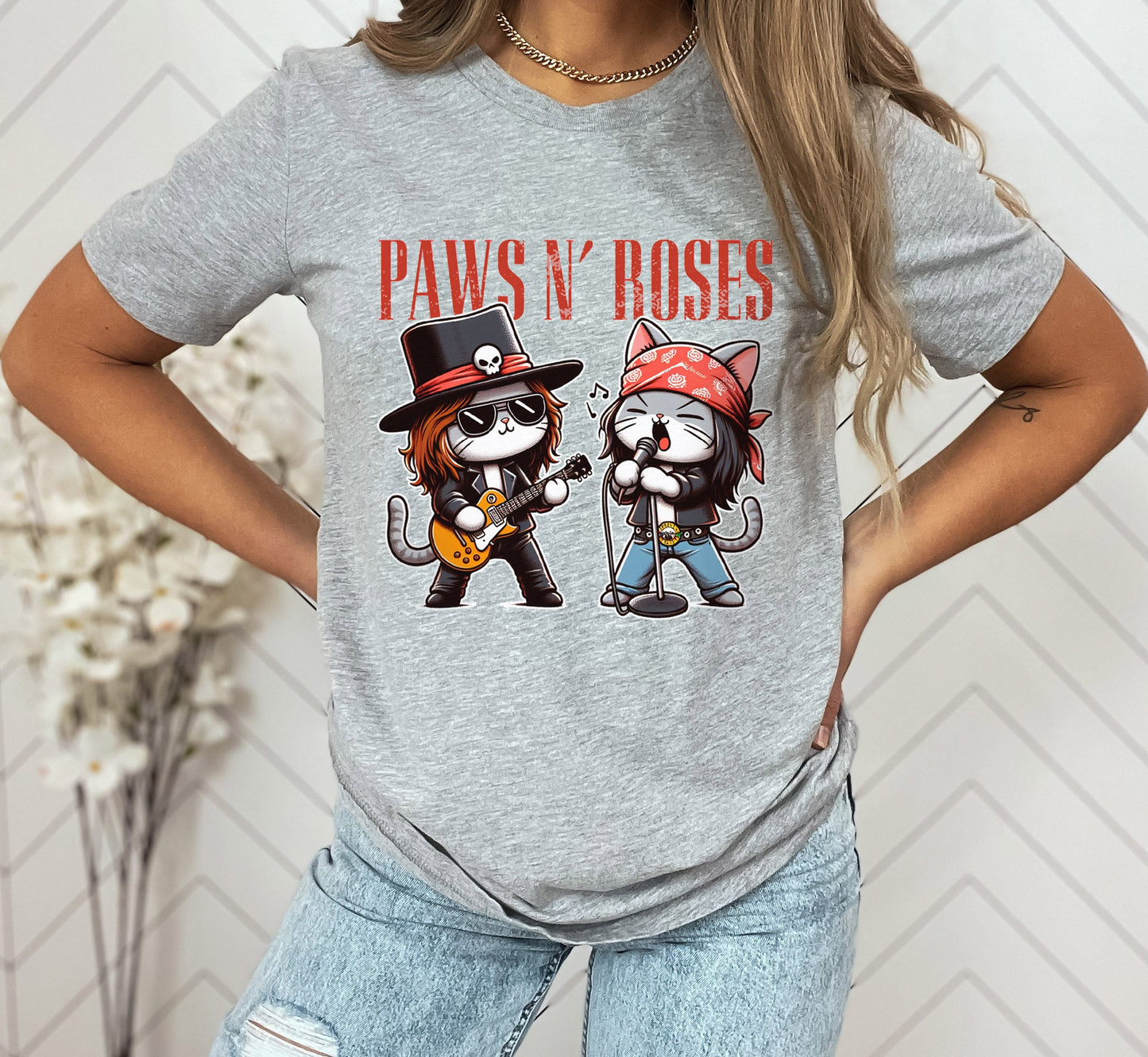 T-shirt Paws and Roses Cats, T-shirt drôle Paws Cat, T-shirt Rocker Cats, T-shirt cadeau pour amoureux des chats, T-shirt parodique drôle Guns and Roses